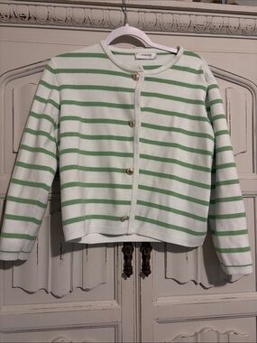Lafauo Green & White Striped Button Cardigan